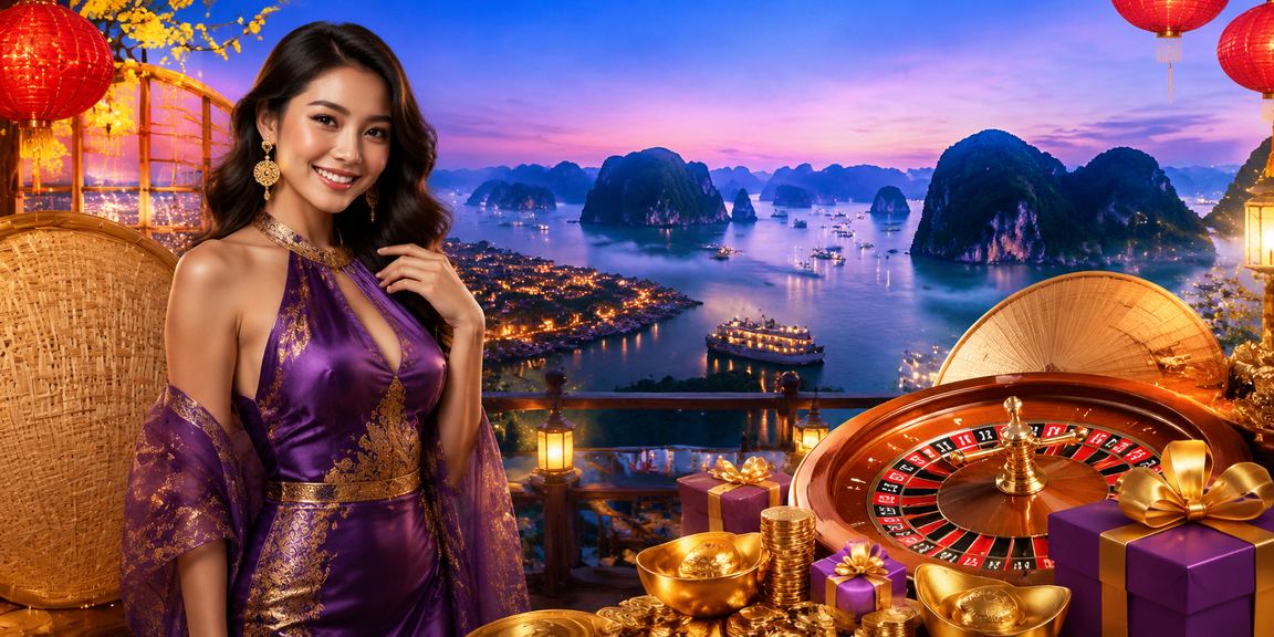 Người chơi roulette tại khu vực lấy cảm hứng từ vịnh Hạ Long với nón lá truyền thống