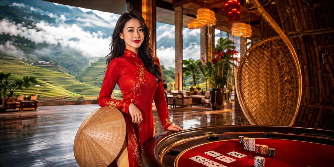 Người phụ nữ mặc áo dài chơi baccarat với khung cảnh ruộng bậc thang Sapa